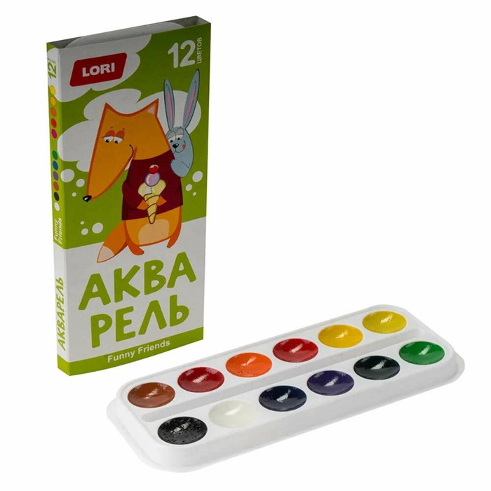 Акварель LORI , 12 цветов, без кисти, картон, европодвес